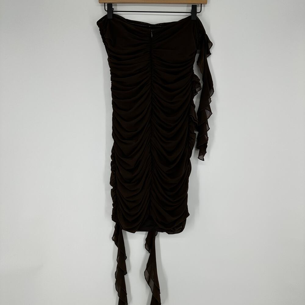 Rare London Mocha Brown Strapless Bandeau Ruffle Detail Mini Dress Womens US 8 - Picture 3 of 12